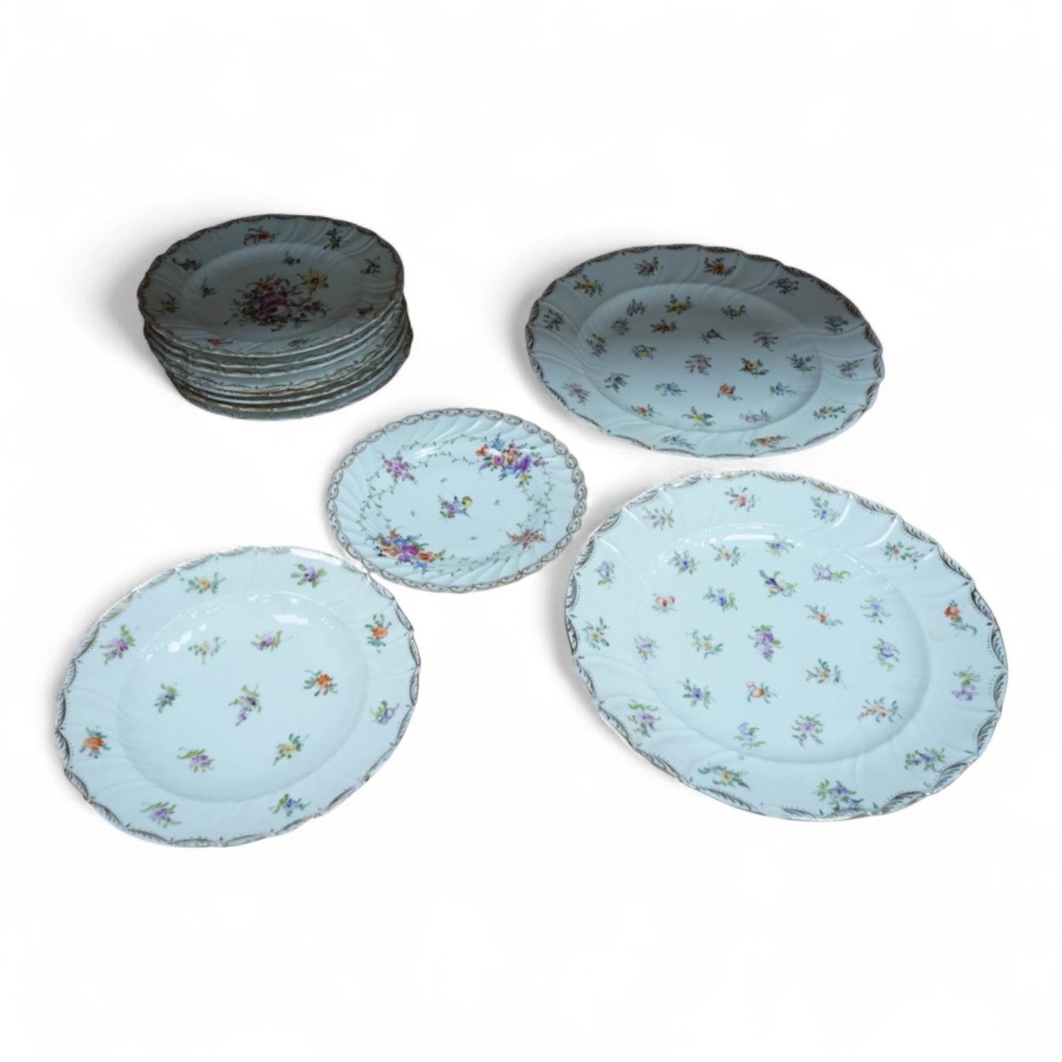 Eleven Dresden porcelain floral decorated plates(various sizes) and similar plate, two largest 31cm diameter.